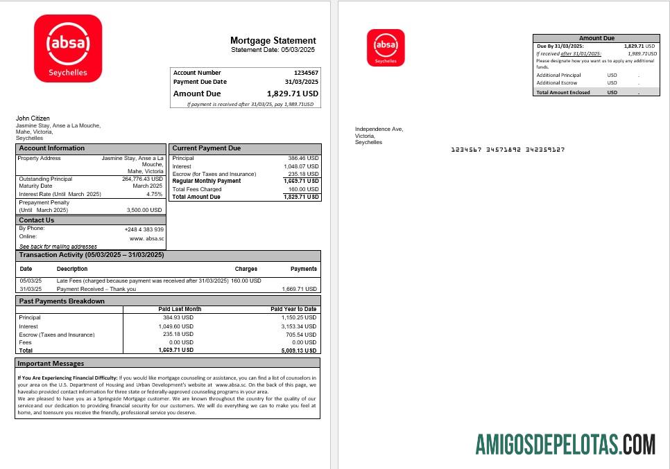Extrato de hipoteca bancária ABSA das Seychelles em formatos Word e PDF modelo
